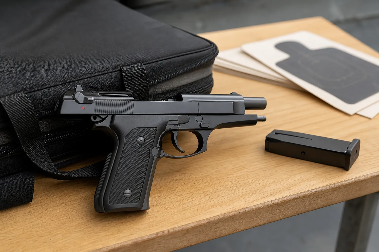A generic full size semiautomatic pistol laid safely on a table beside a case and spare magazine in a workshop setting.