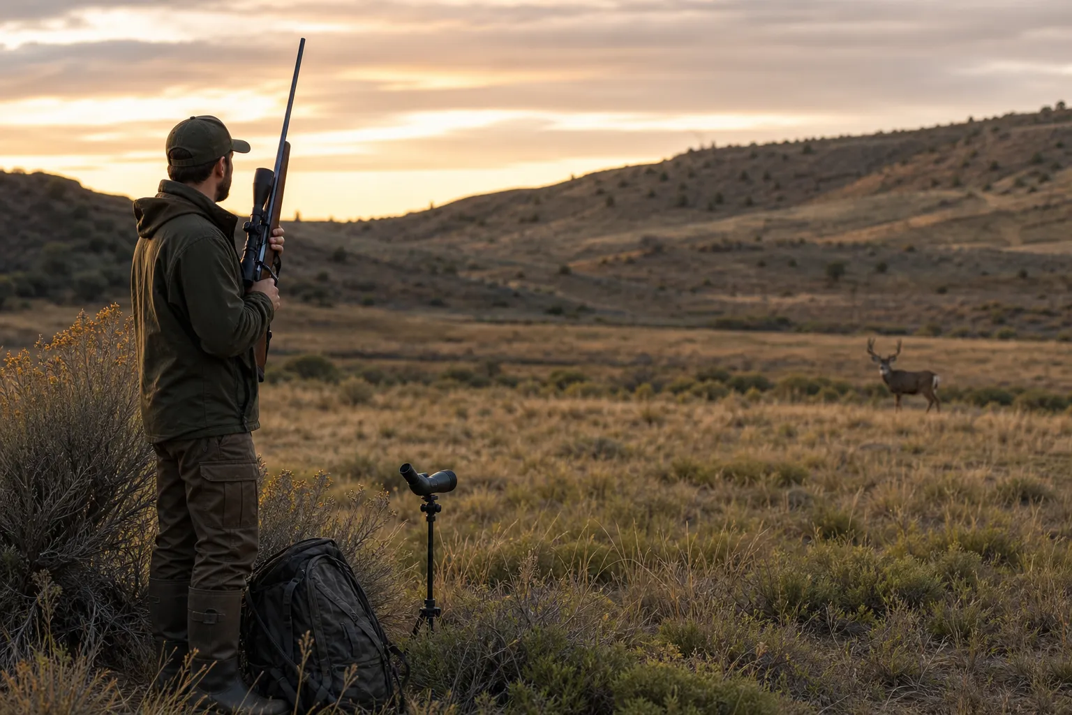 An adult hunter stands quietly in open country with a rifle held safely while a deer is visible far in the background.