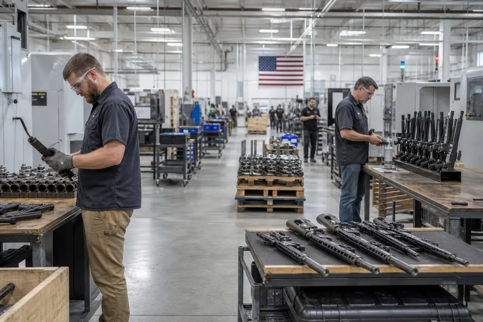 An interior view of a busy firearms factory floor with workers and machinery.