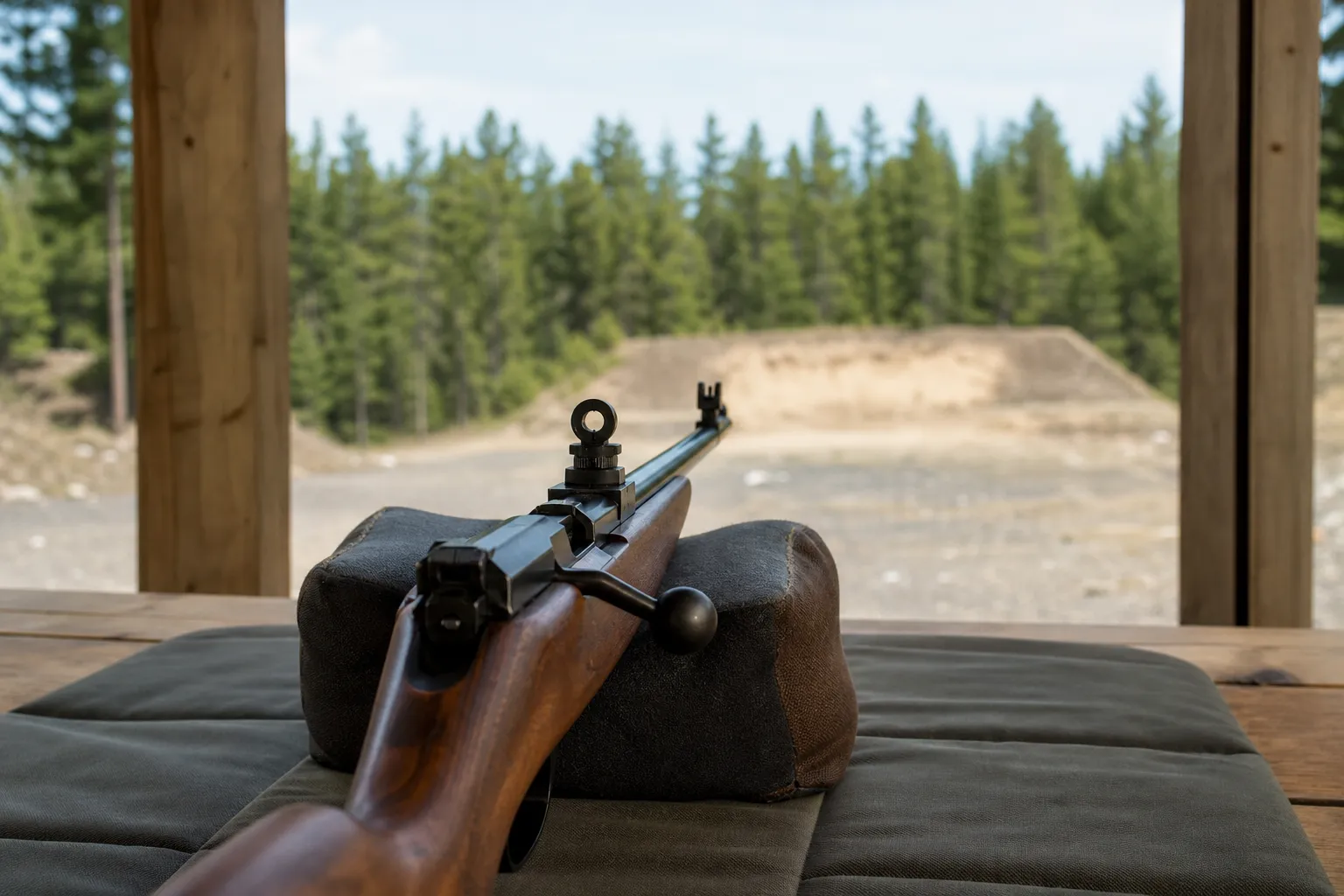 A rifle with iron sights resting safely on a shooting bench at an outdoor range.