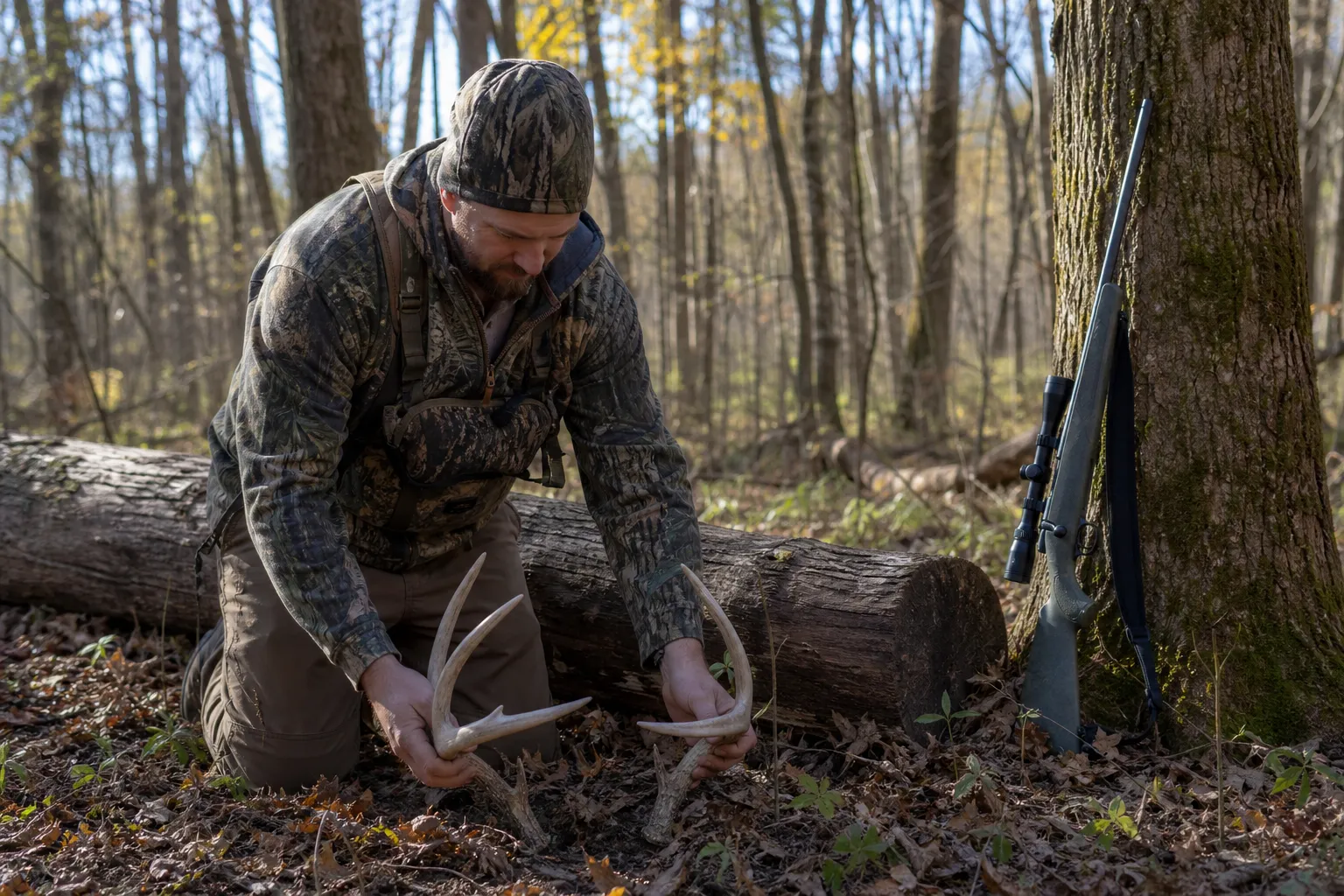 A hunter kneels in the woods using two antlers to mimic the sound of bucks rattling.