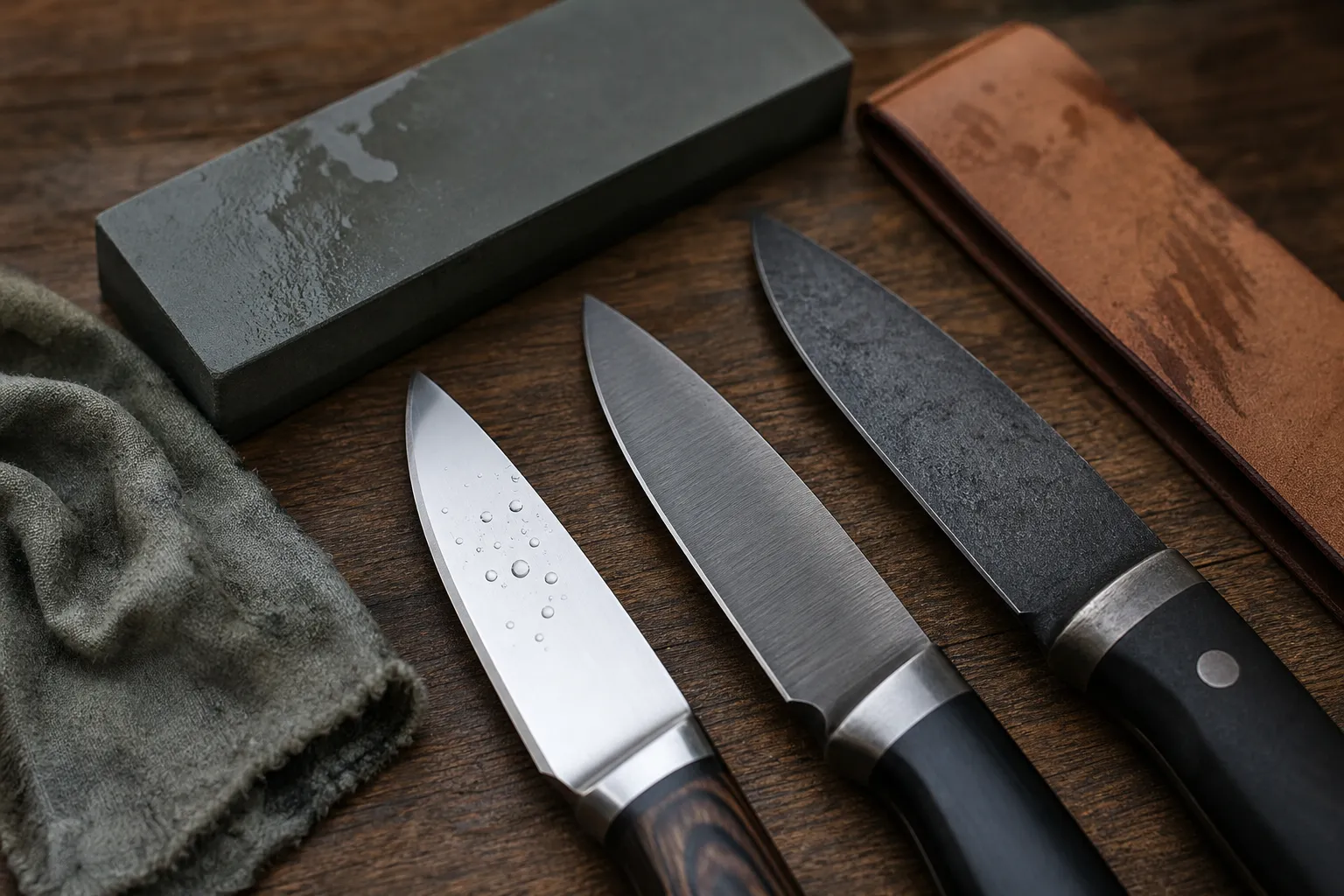 Three generic knife blades on a wooden table with a sharpening stone and damp cloth, illustrating performance differences.