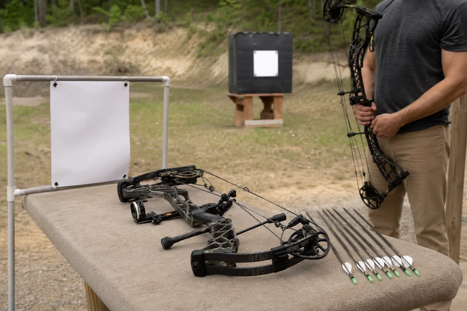 A compound bow, paper tuning frame, and arrows are arranged on a range bench in natural light.