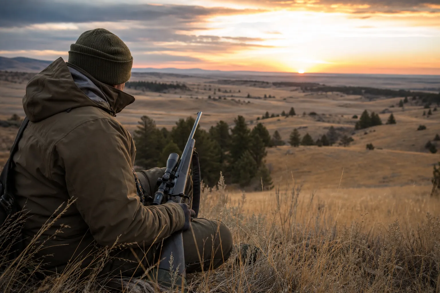 A hunter with a safe resting rifle overlooking open North American hunting country at dawn.