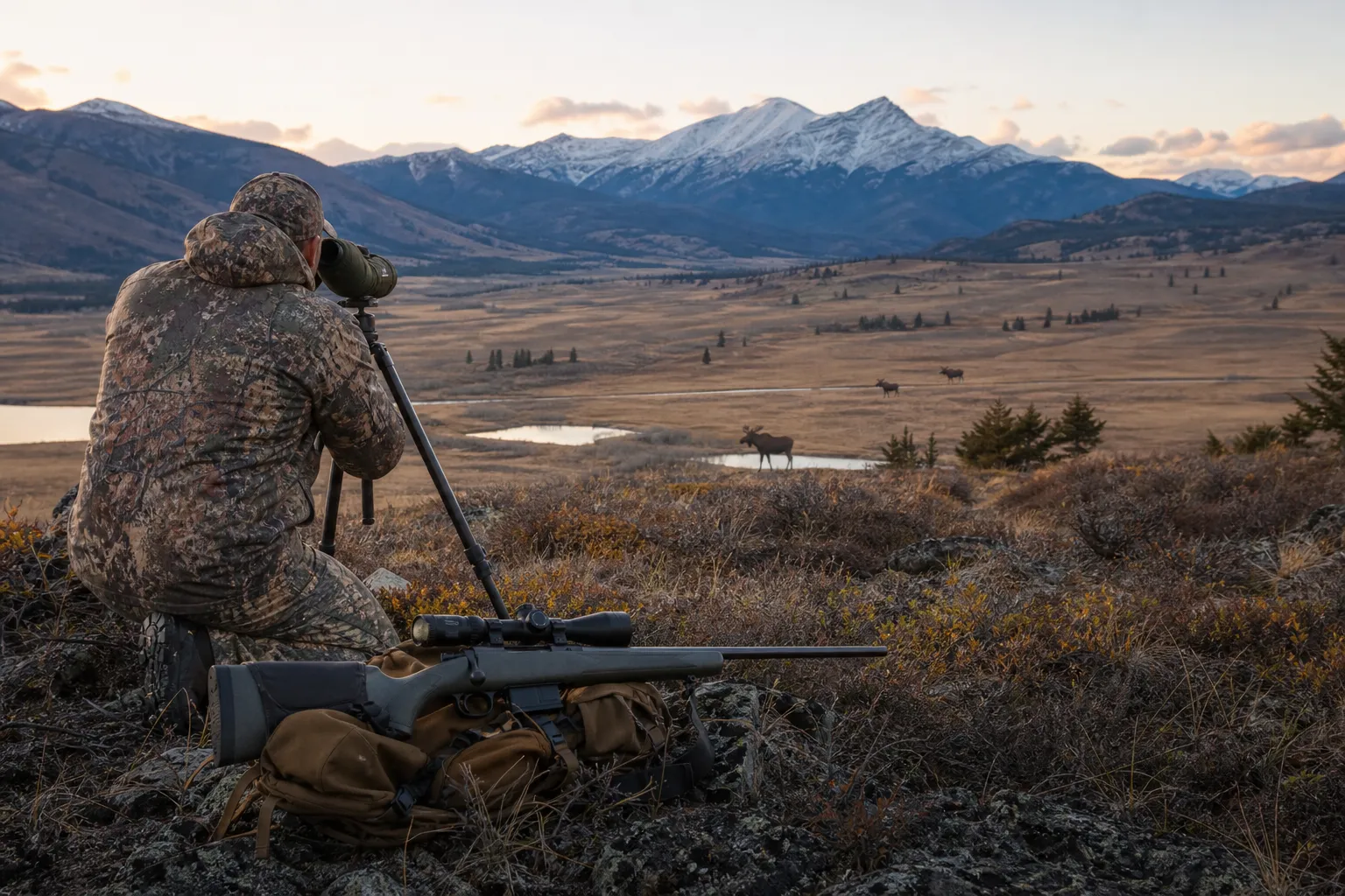 A hunter watches distant elk and moose in a mountain meadow while a rifle rests safely on a pack.
