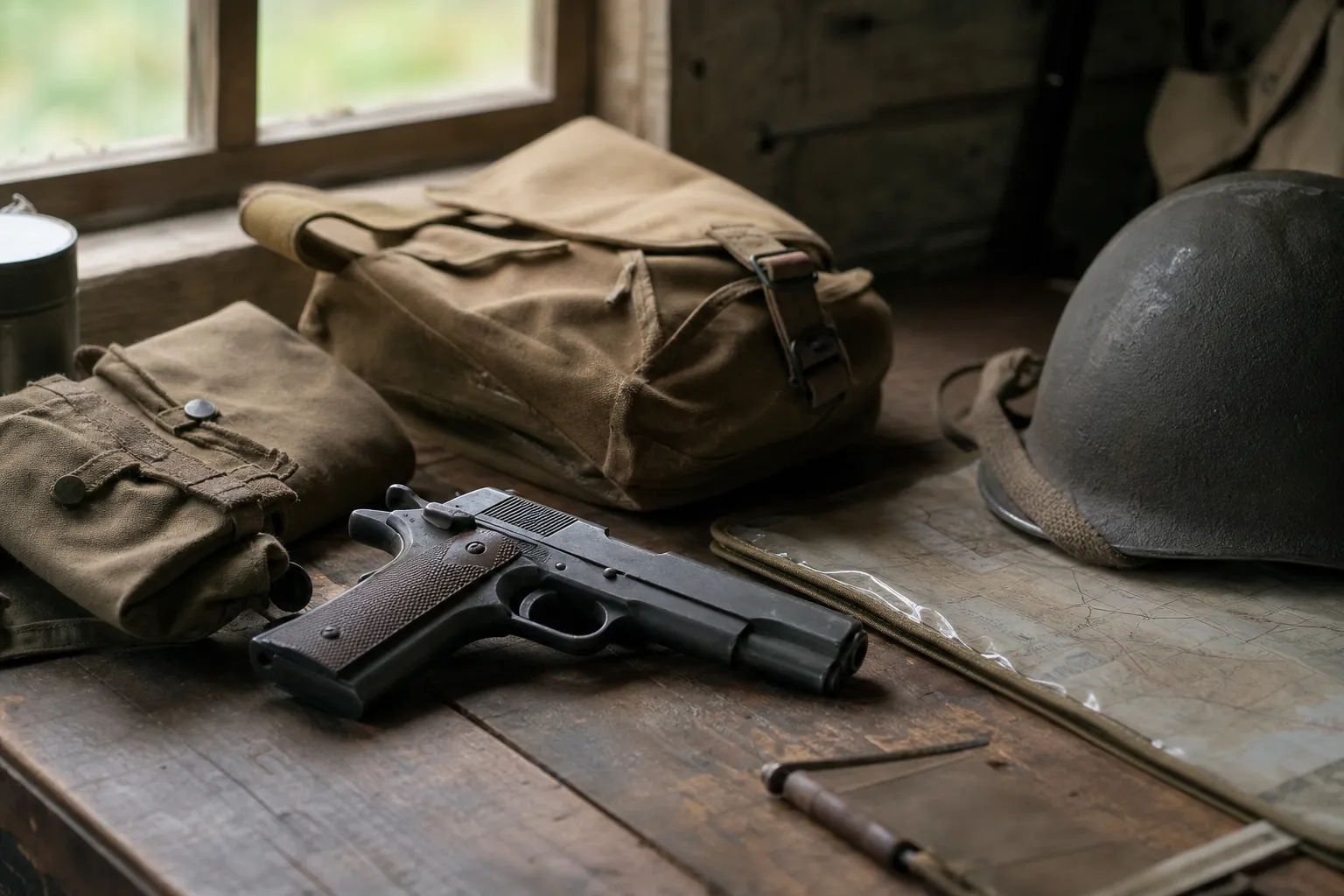 A wartime style service pistol rests on a field desk with military gear and maps.