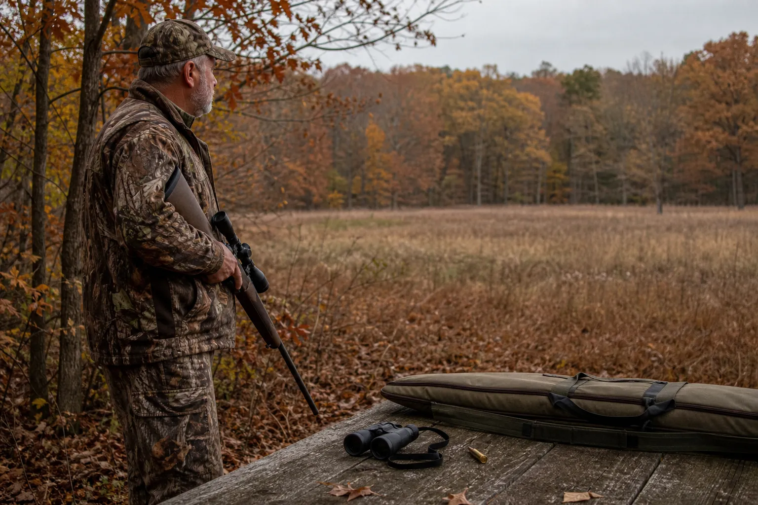 A hunter stands at the edge of a fall woods opening with a safe, at rest hunting setup and a big bore rifle.