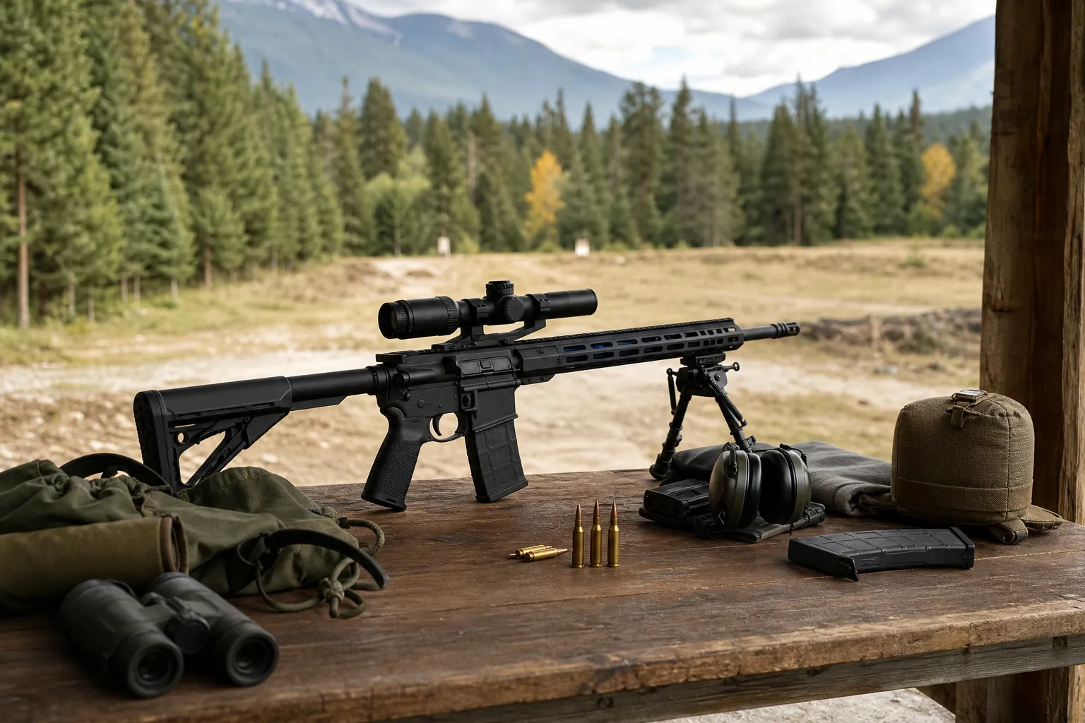 A generic rifle and cartridges arranged safely on a shooting bench outdoors in a North American setting.