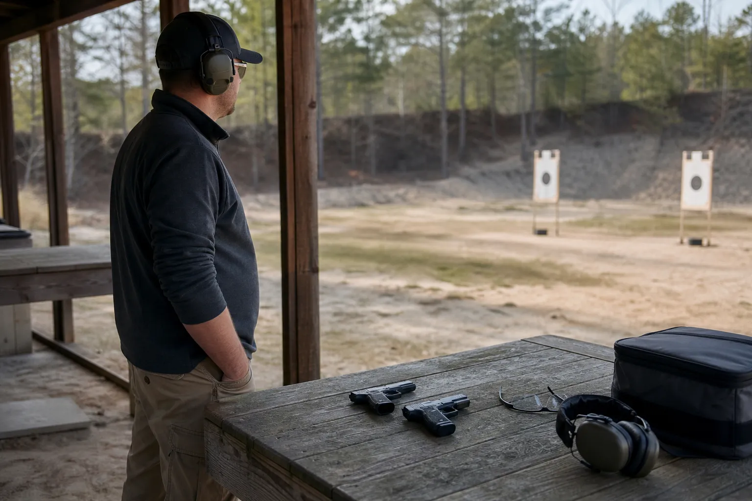 An adult shooter stands beside unloaded handguns and range gear at an outdoor training range.
