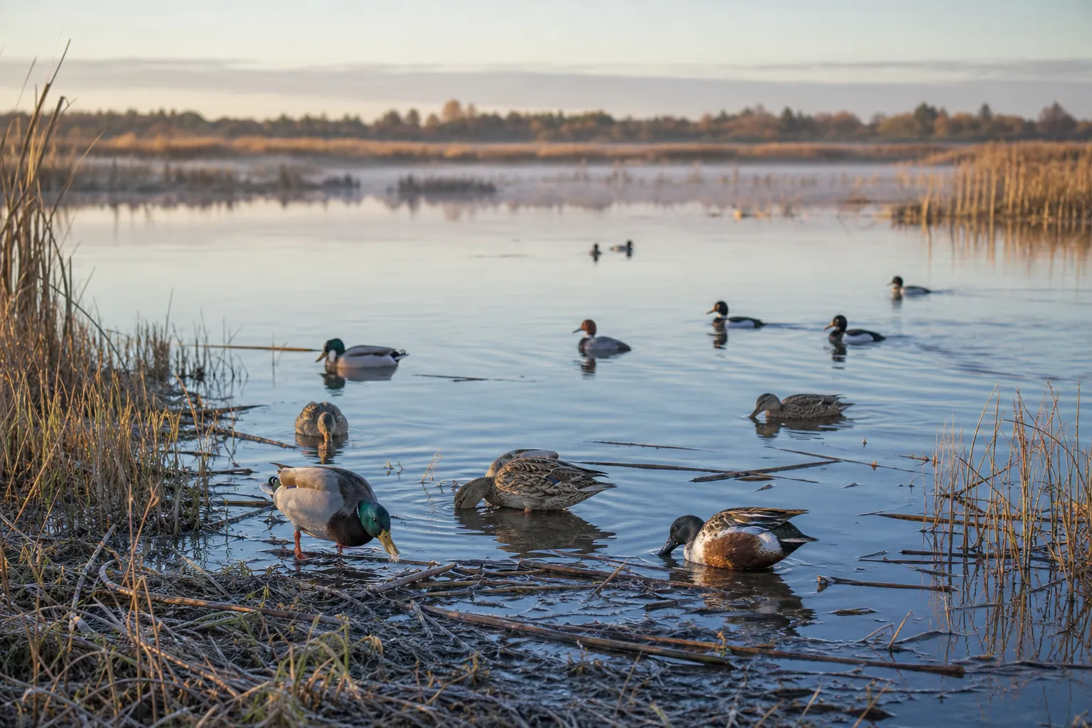 Several live ducks of different types swim and feed in a quiet North American wetland with reeds and open water.
